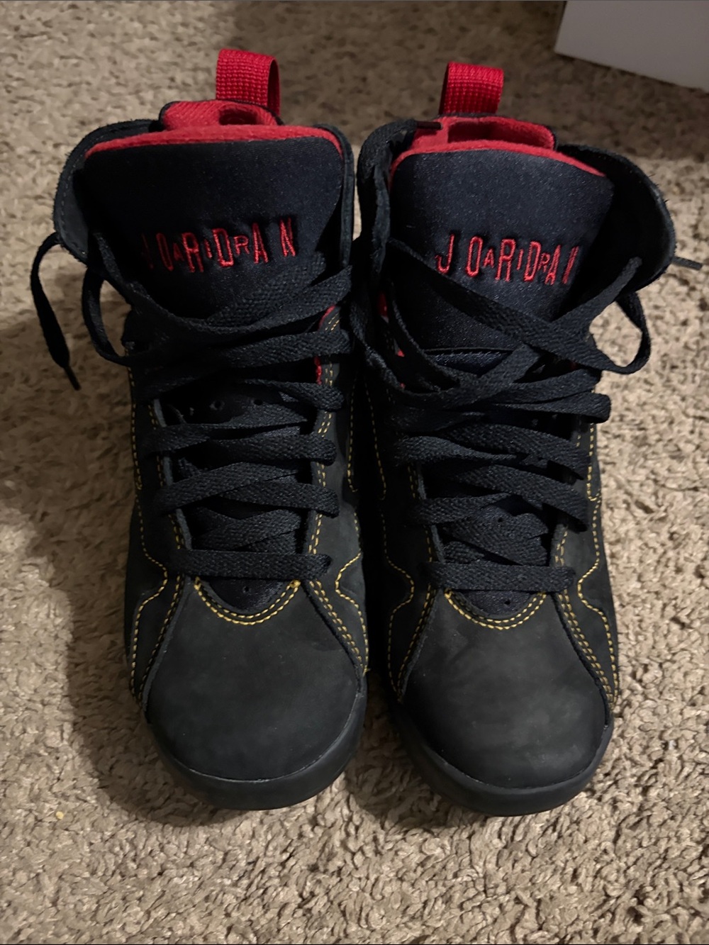 Jordan Kids' Black and Red High-Top Sneakers with Yellow Stitching